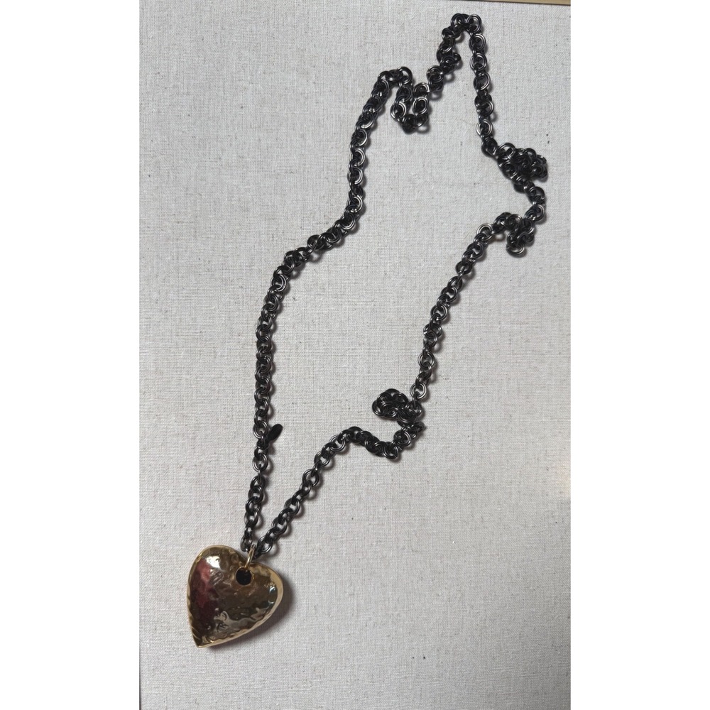Express signed Chunky Gunmetal Chain Hammered Gold Heart Statement Necklace 36" - Picture 4 of 12